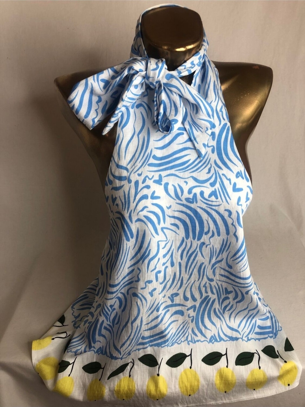 Primark Blue & White Halter Tie-Neck Camisole with Yellow Lemon Trim